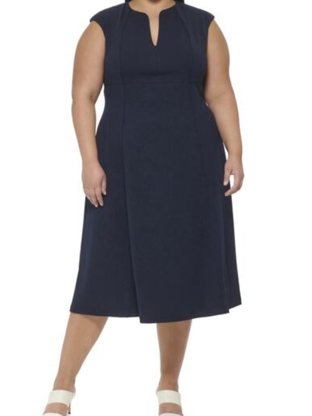 Calvin Klein Dark Navy Midi Cap-Sleeve A-Line Dress